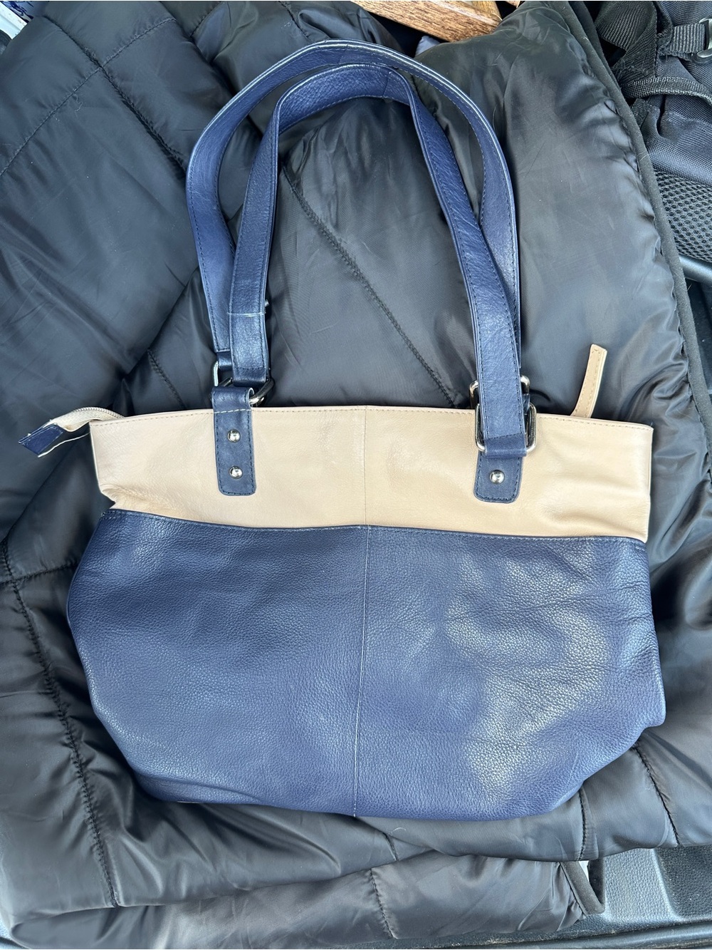 Navy and Cream Two-Tone Leather Tote Bag